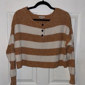 American Eagle Outfitters Tan and Cream Striped Cropped Sweater